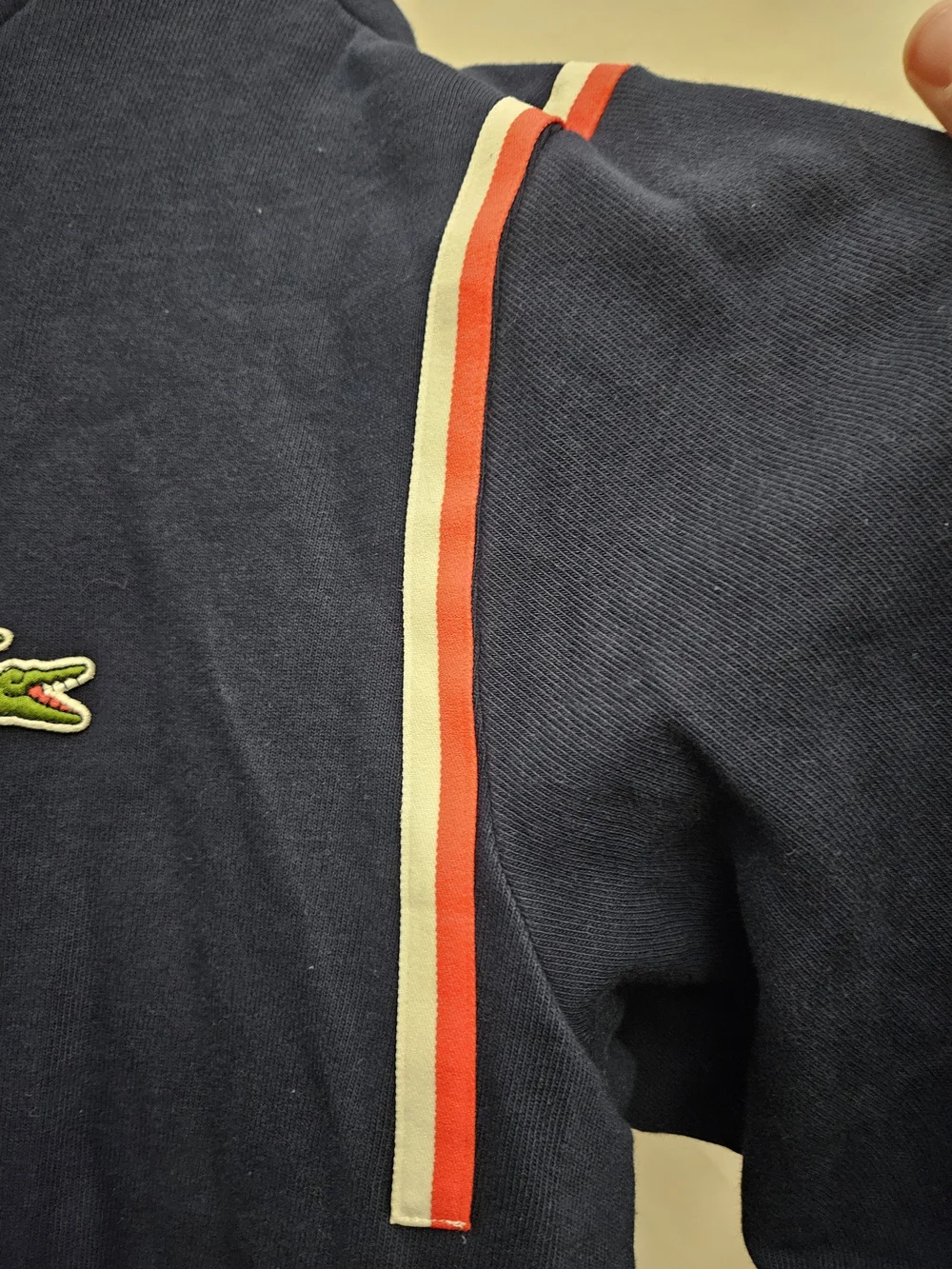 Lacoste Navy Pullover Hoodie with Red and White Shoulder Stripes